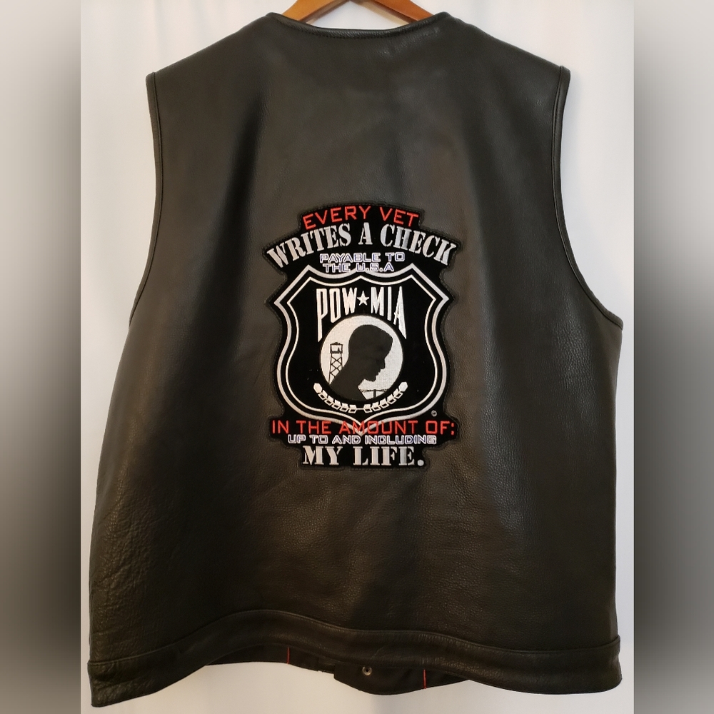 Mens Vet Motorcycle Vest Thick Leather Gunpocket Military POW/MIA Vest 3XL